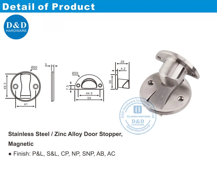 China Produced Satin Stainless Steel Magnetic Door Stop for Metal Door